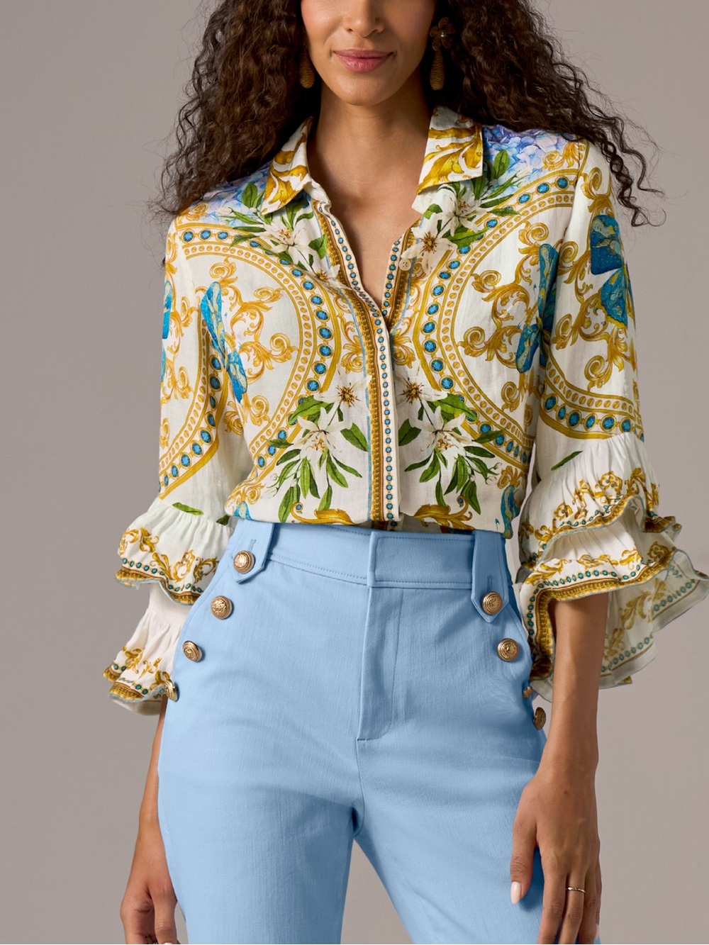 Boston Proper Printed Linen Drama Ruffle Sleeve Shirt